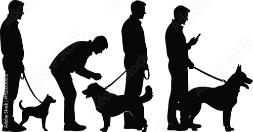 Silhouette of men walking dogs on leash, pet owner lifestyle vector illustration, dog training, outdoor activity, isolated black figures