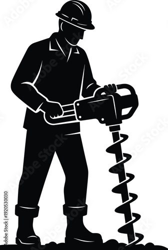 Silhouette construction worker operating earth auger drill machine, industrial laborer with safety helmet digging ground, heavy equipment vector illustration isolated on white background