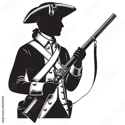 Revolutionary War Colonial Soldier Profile Musket - 18th Century Military Vector Silhouette