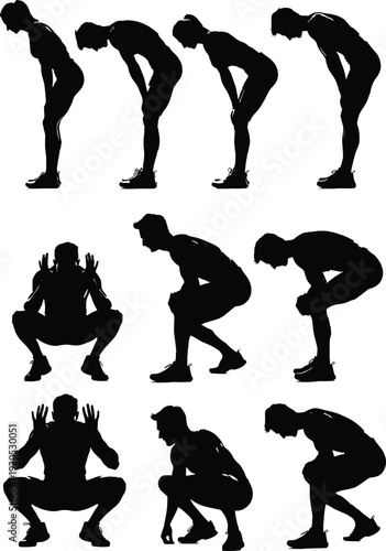 Squat exercise sequence silhouette, man fitness workout positions vector illustration, bodyweight training steps, strength practice, isolated black human figure set