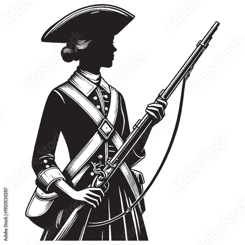 Colonial Soldier Profile with Musket Diagonal - Revolutionary War Military Silhouette Vector