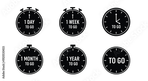 Time countdown clocks displaying various durations black silhouette