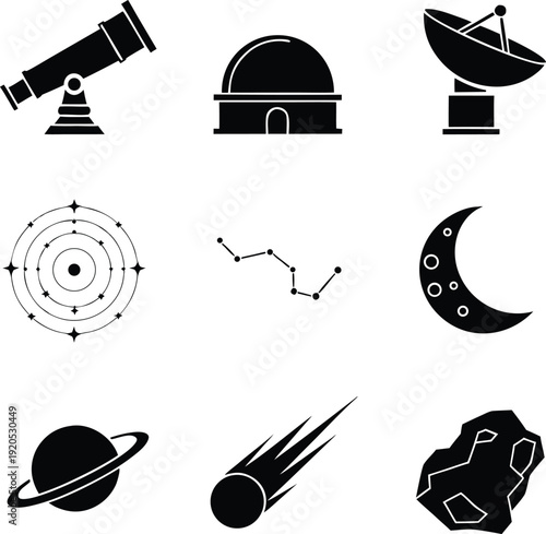 Black and white astronomy including telescope observatory satellite dish constellation moon planet meteor