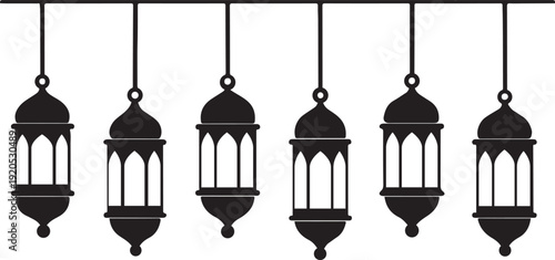 Black silhouette of traditional hanging Ramadan lanterns on a string.