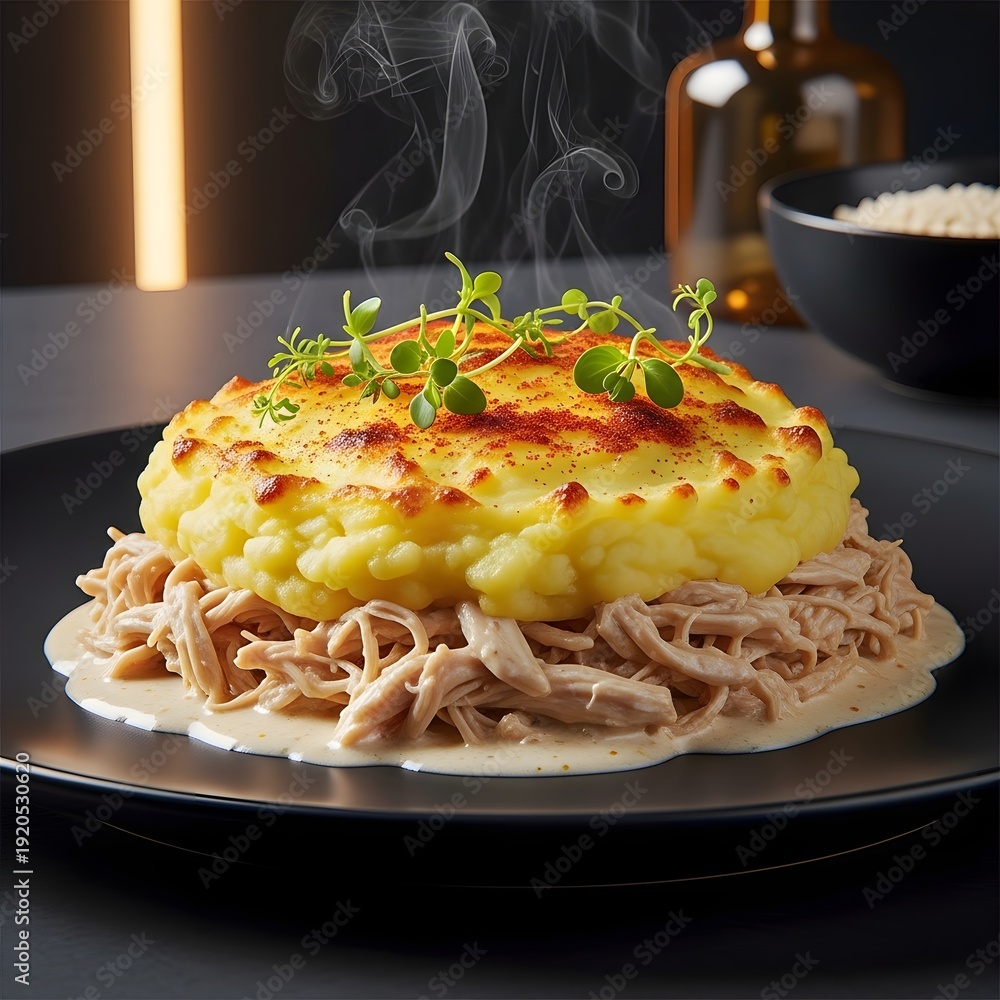 Fototapeta premium Chicken Shepherd's Pie on a Stylish Plate, Culinary Delight, Modern Kitchen, Gourmet Photography, Steaming Freshness
