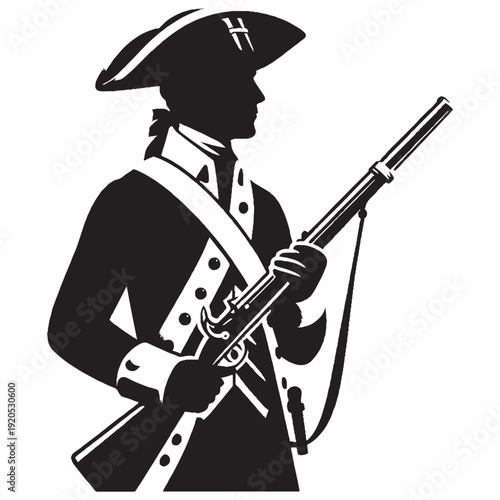 Colonial Soldier Profile with Musket Diagonal Silhouette - Revolutionary War Patriot Vector