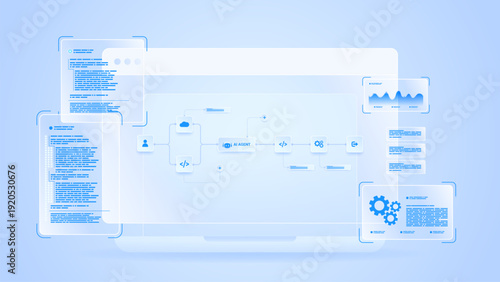 AI workflow automation artificial intelligence. ai agent network diagram dashboard architecture data processing system, coding, analytics panels and automation system.