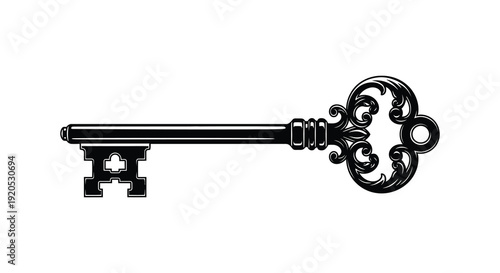 An ornate vintage style key is presented in a stark black depiction against a white backdrop silhouette high quality professional