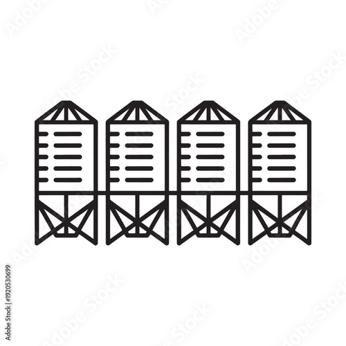 Four stylized water towers depicted in a simple black and white line drawing