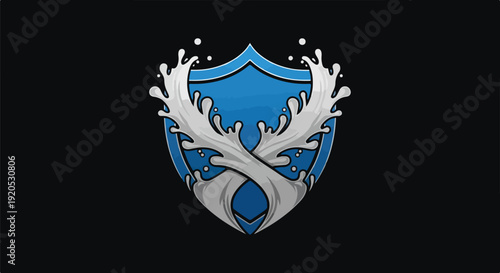 Blue shield emblem with splashing water creating a deer antler shape against a black background