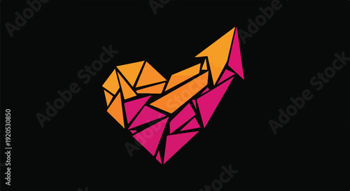 Geometric heart shape with upward arrow symbolizing growth, success, and positive change on black background