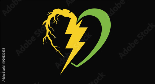 Heart shape with lightning bolt and roots, symbolizing energy, life, and connection on a black background