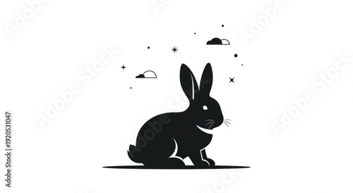 Black silhouette rabbit sitting calmly under starry night sky with clouds