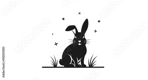 Black silhouette of a rabbit sitting in grass with stars magic night scene