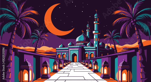 Mosque at night with crescent moon and palm trees illustration