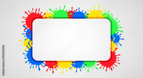 Colorful paint splatter border with blank white text box for creative design and artistic expression