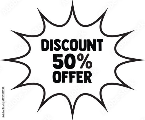 Discount 50 percent offer sign with starburst shape  sale advertisement symbol