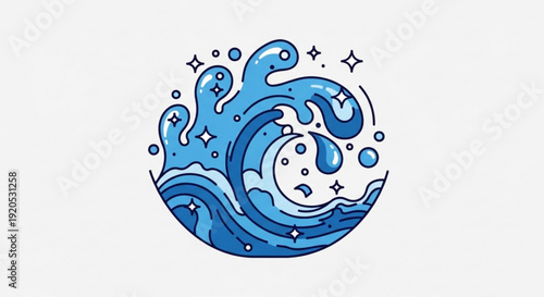 Stylized blue wave with sparkles and bubbles on white background symbolizing ocean freshness and energy