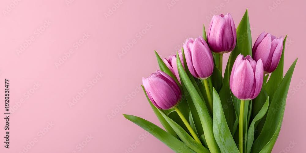Fototapeta premium Tulips bloom brightly in spring against a soft pink backdrop