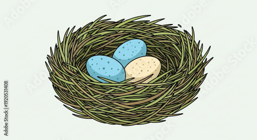 Bird's nest with three eggs two blue and one beige spotted in a grassy twig nest on a light background symbolizing spring and new life