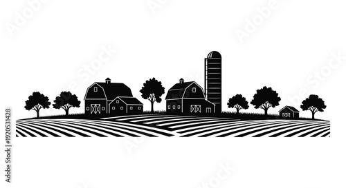 A striking black and white image depicts a rural landscape with barns trees and fields presented as a silhouette