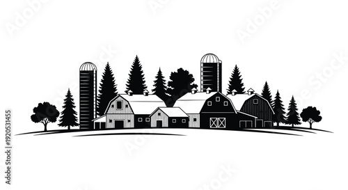 A detailed black and white illustration depicts a rural farm scene with barns trees and buildings a silhouette