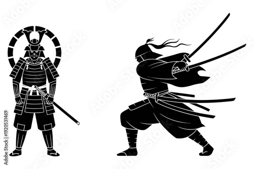 A black and white vector graphic illustration of two samurai warriors in dynamic poses