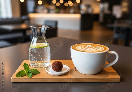 Coffee cup with chocolate and water on wooden tray