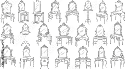 Massive classical vanity and dressing table vector set with ornate mirrors and Baroque-style bedroom furniture.
