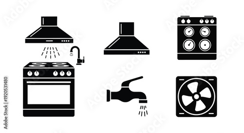 Black kitchen appliances including stove sink and vent hood silhouette