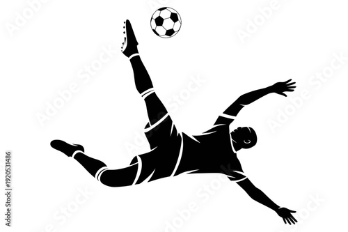 A soccer player in mid-air kicking a ball in a dynamic pose