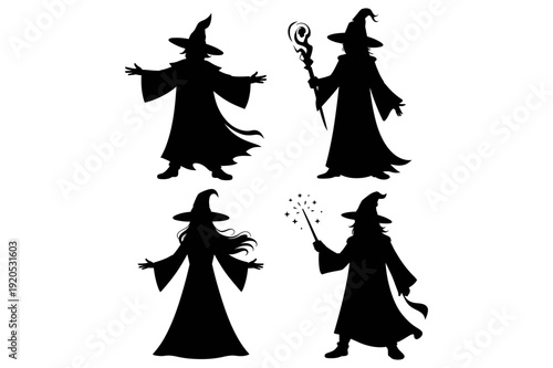 A set of four black silhouette wizard icons on a white background