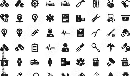 Massive medical silhouette icon set with emergency symbols, pharmaceutical tools, and clinical healthcare graphics.