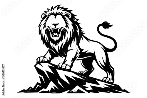 A majestic lion standing on a rocky outcrop in a bold vector illustration