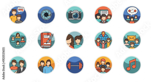 Collection of diverse flat design icons representing various concepts and activities.