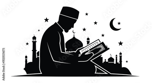 Man reading a book under the stars islamic design silhouette