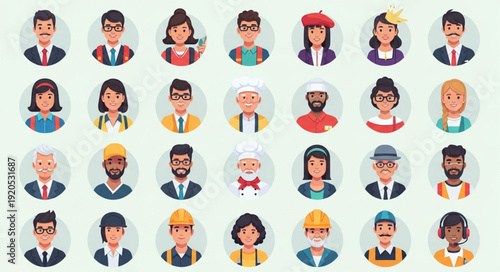 Diverse Group of People Avatars Representing Different Professions and Ages.