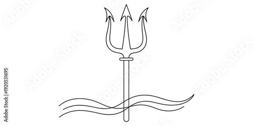 Simple black and white line drawing of a mythical trident rising from ocean waves. Vector, illustration