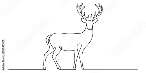 Continuous line drawing of a majestic deer with large antlers standing on a plain background. Vector, illustration