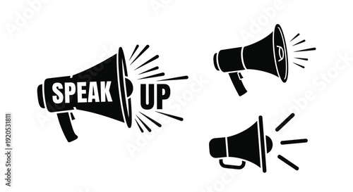Black megaphones with text proclaim speak up in a bold silhouette