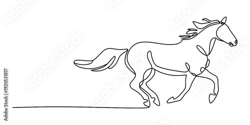 Minimalist continuous line drawing of a galloping horse on a clean white background Vector, illustration