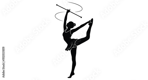 A dynamic black silhouette depicts a rhythmic gymnast gracefully performing with a ribbon showcasing athleticism and artistry silhouette