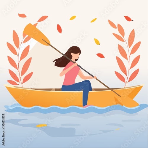 Woman paddling an orange boat on serene water amidst autumn leaves and foliage