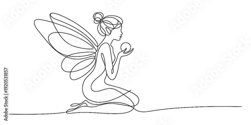 Continuous line drawing of a magical fairy kneeling and holding a glowing sphere in her hands Vector, illustration