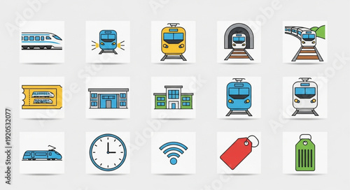 Collection of train and transportation icons in flat design style.