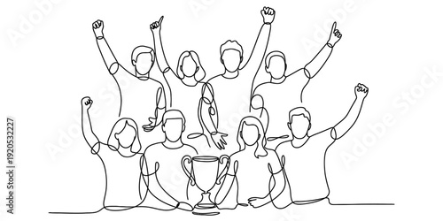 Continuous line drawing of a diverse team celebrating victory with a trophy cup held high Vector, illustration