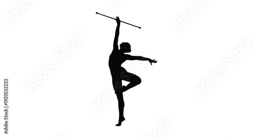 A dynamic depiction of a woman performing a graceful athletic pose with a long staff presented as a silhouette