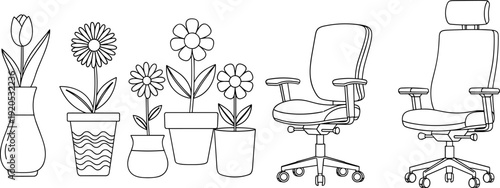 Modern office chair and potted flower vector set for ergonomic workspace and home interior design.