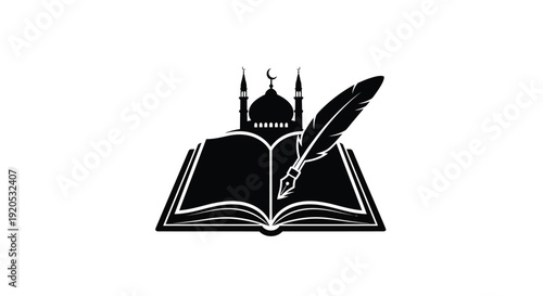 An open book with a feather and mosque a striking silhouette