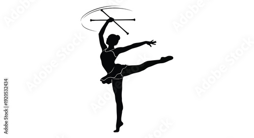 A dynamic image depicts a rhythmic gymnast performing a graceful pose with a ribbon showcasing athleticism and artistry as a silhouette